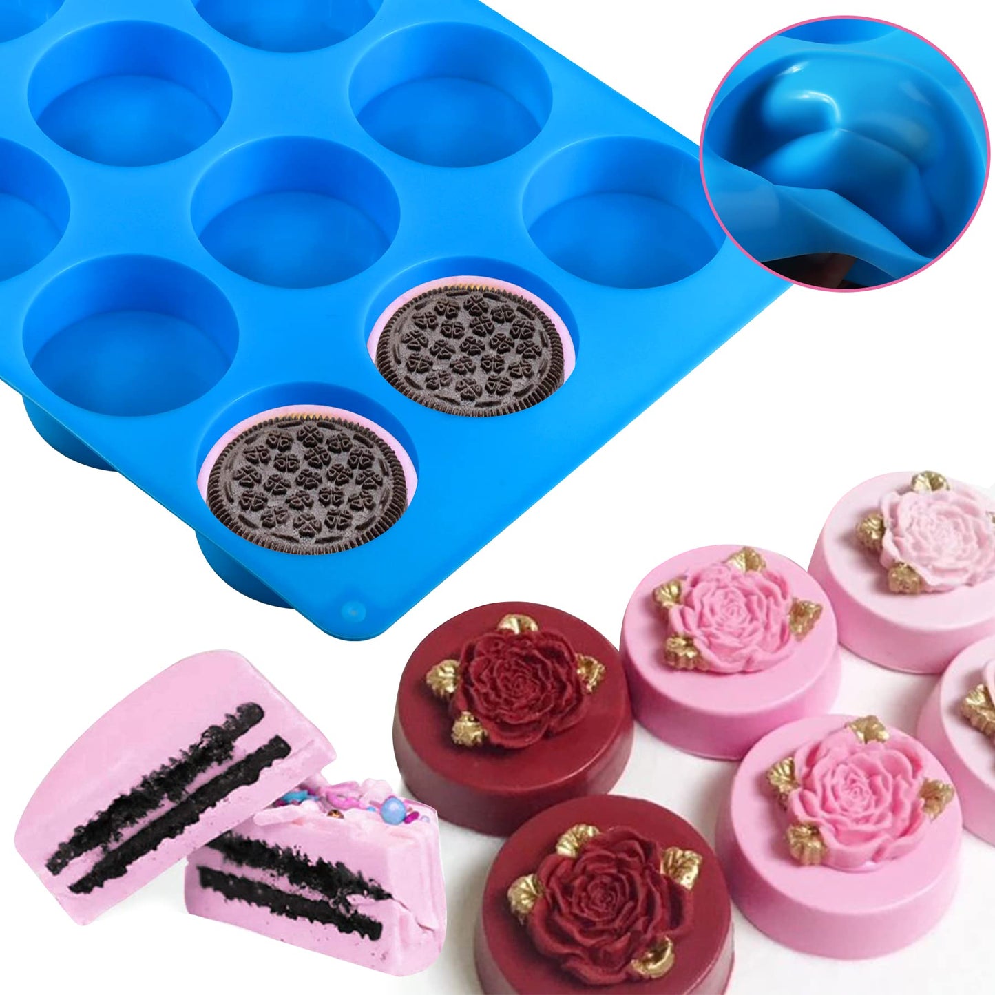 3Pcs Oreo Cookie Chocolate Silicone Mold, 12-Cavity Round Cylinder Oreo Chocolate Cover Molds for Candy, Silicone Baking Molds for Mini Cakes, Jelly