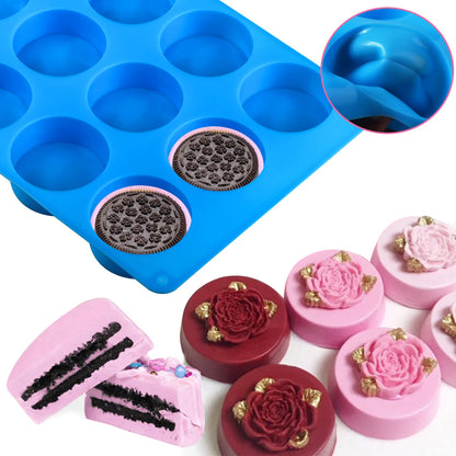 3Pcs Oreo Cookie Chocolate Silicone Mold, 12-Cavity Round Cylinder Oreo Chocolate Cover Molds for Candy, Silicone Baking Molds for Mini Cakes, Jelly