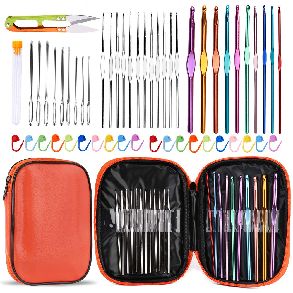 54 Pcs Crochet Needles Set, Crochet Hooks Kit with Storage Case, Ergonomic Knitting Needles Stitch Marker DIY Hand Knitting Craft Art Tools for Beginners