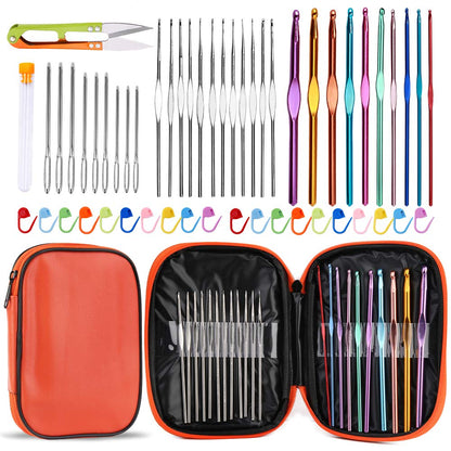 54 Pcs Crochet Needles Set, Crochet Hooks Kit with Storage Case, Ergonomic Knitting Needles Stitch Marker DIY Hand Knitting Craft Art Tools for Beginners