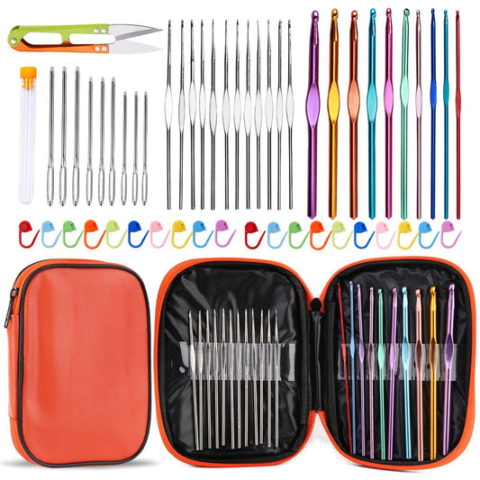 54 Pcs Crochet Needles Set, Crochet Hooks Kit with Storage Case, Ergonomic Knitting Needles Stitch Marker DIY Hand Knitting Craft Art Tools for Beginners