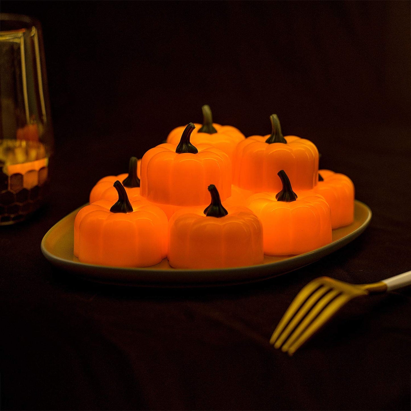 Halloween 12 Pack LED Pumpkin Lights, Jack-O'-Lantern, Small Orange Flickering Tea Lights, for Halloween, Fall Festival Decorations