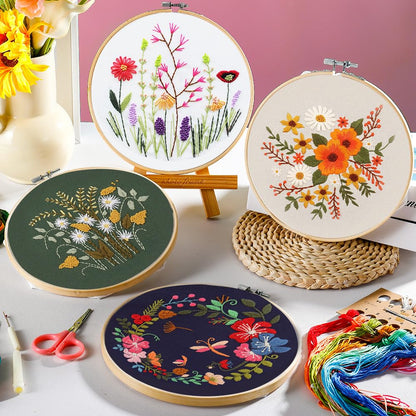 4 Pack Embroidery Kit for Beginners,Adults DIY Starter Kit,Cross Stitching Kits with Flower Stamped Patterns,Hoop,Tools,Colorful Threads with Needles,Step by Step Instructions,Hand Craft Lover Gift