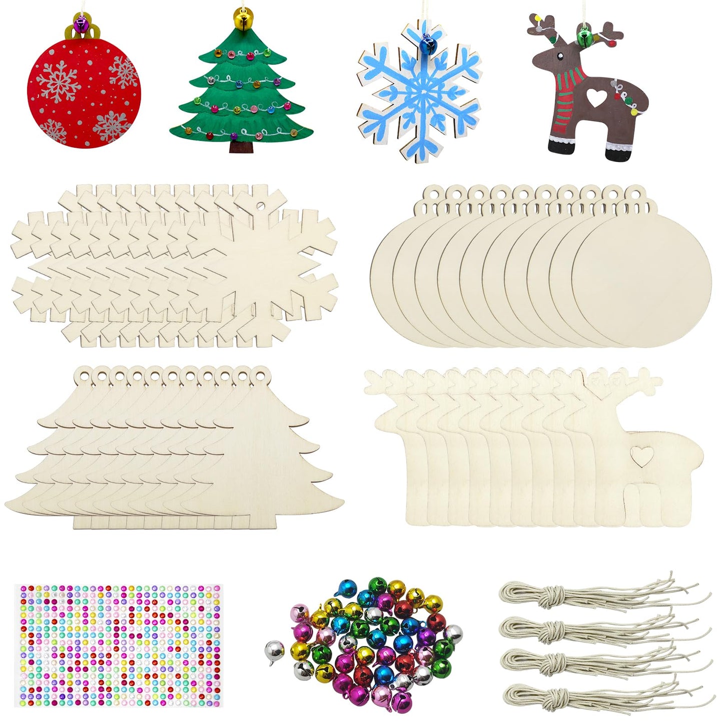 40 Pcs Wooden Ornaments Unfinished Christmas DIY Ornaments Craft Kit, Christmas Wood Ornaments with Bells, Wax Rope and Rhinestone Stickers for Children Arts and Crafts Supplies