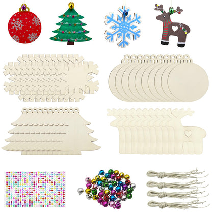 40 Pcs Wooden Ornaments Unfinished Christmas DIY Ornaments Craft Kit, Christmas Wood Ornaments with Bells, Wax Rope and Rhinestone Stickers for Children Arts and Crafts Supplies