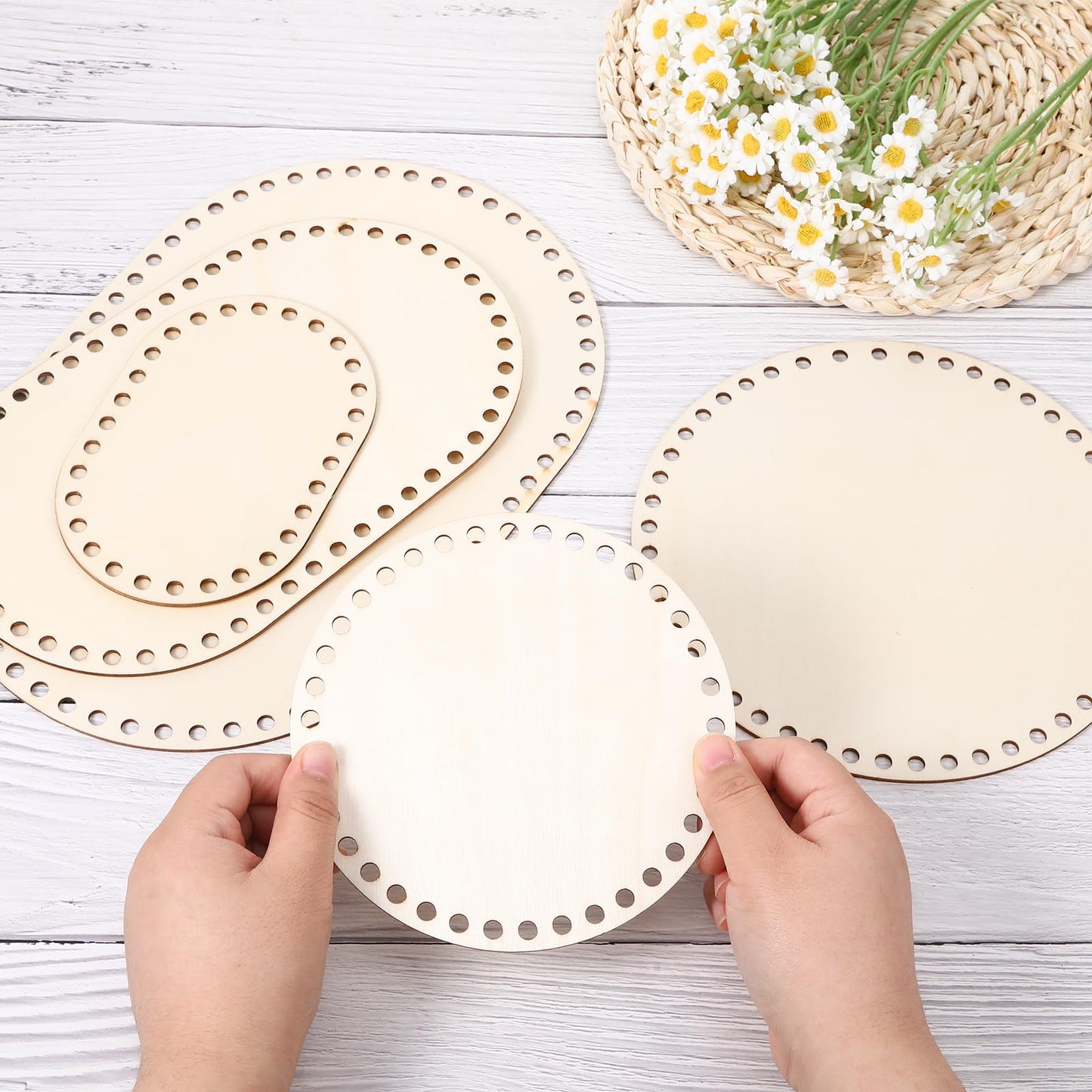 5Pcs Wooden Basket Bottom, 5 Sizes Oval Circle Blank Crochet Basket Wood Base, Basket Making Supplies Basket Bottoms for Crochet Base, Basket Weaving Supplies Knitting Basket
