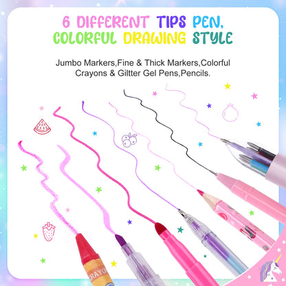 56 Pc Fruit Scented Marker Set with Glitter Unicorn Case, Art Supplies Kit for Kids Ages 4-8