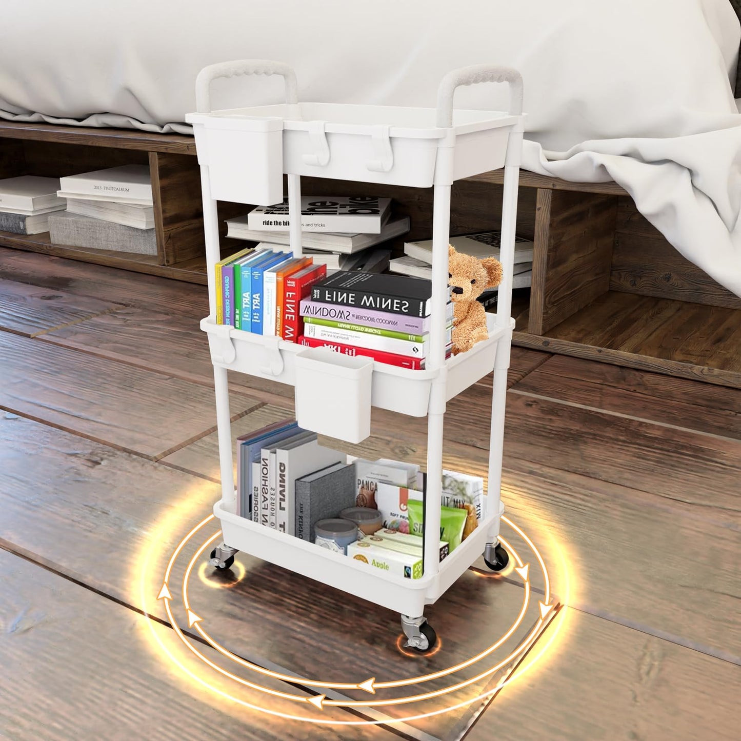 3 Tier Rolling Utility Cart with Handle,REBECAT Utility Cart Made of Multifunctional Storage Organizer Tool for Kitchen,Bathroom,Living Room,Office(White)