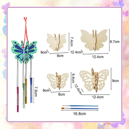 8 Pack 3D Butterfly Wind Chime Kit for Kids Make Your Own Butterfly Wind Chime Wooden Arts and Crafts for Kids DIY to Paint Butterfly Craft for Summer Spring Art Activity Birthday Party