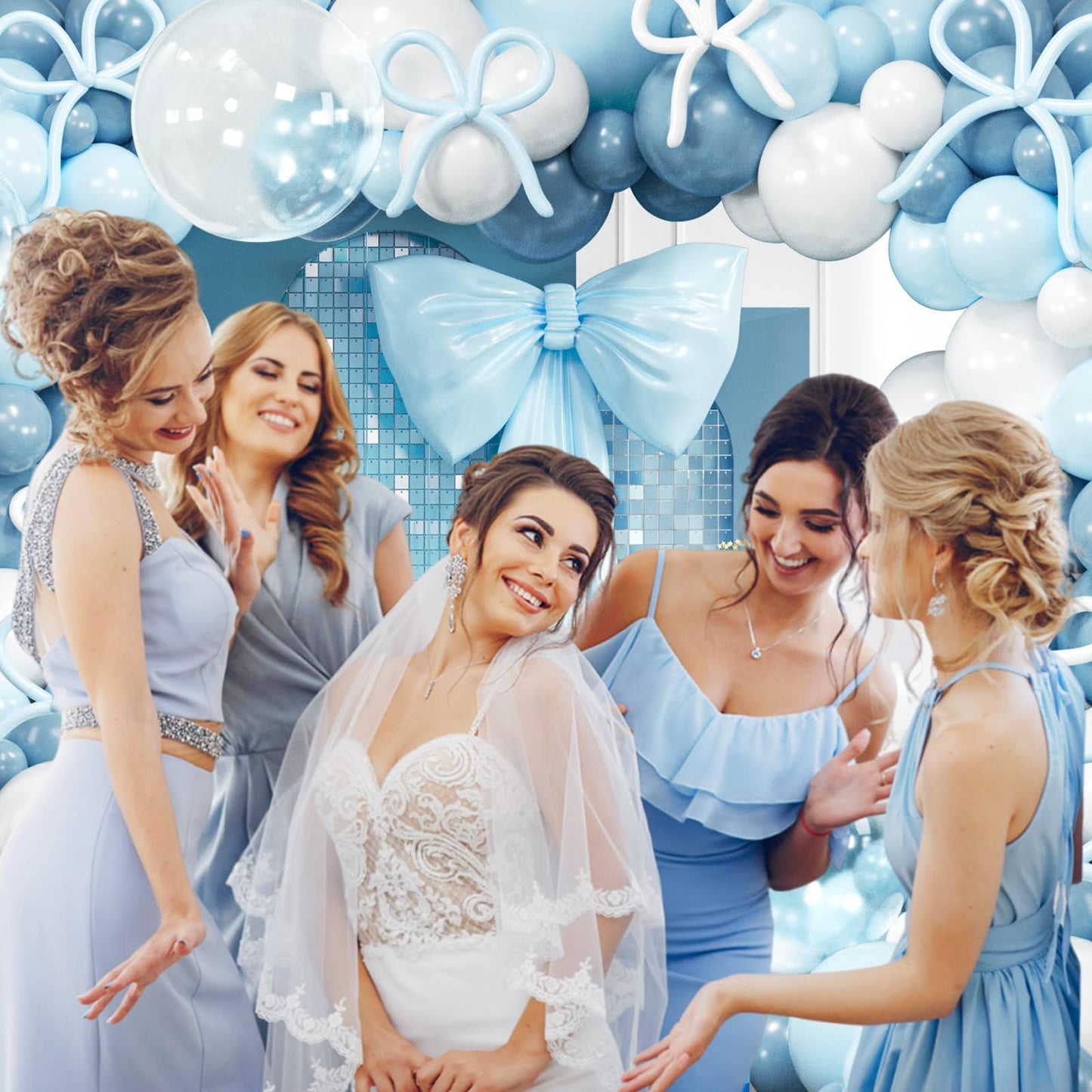 Dusty Blue Bow Balloon Arch Kit, 119Pcs 18/10/5 Inch Light Blue Clear White Balloons Garland Arch Kit for Boys Birthday, Baby Shower, Gender Reveal, Wedding Decoration