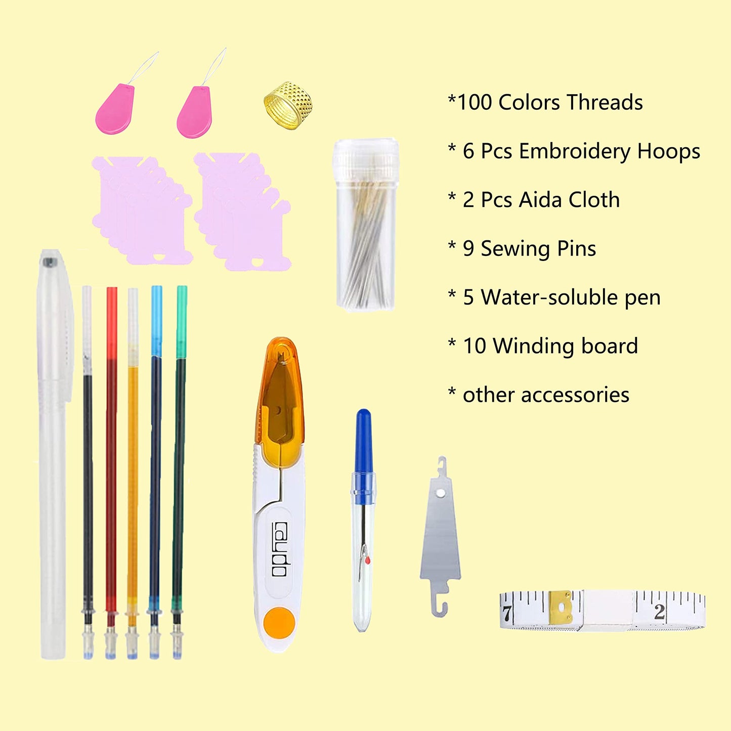 Embroidery Kit 141 Pcs,100 Colors Threads,6 Pcs Embroidery Hoops,2 Pcs Aida Cloth,9 Sewing Pins,Cross Stitch Tools and Embroidery Starter Kit for Adults and Kids Beginners