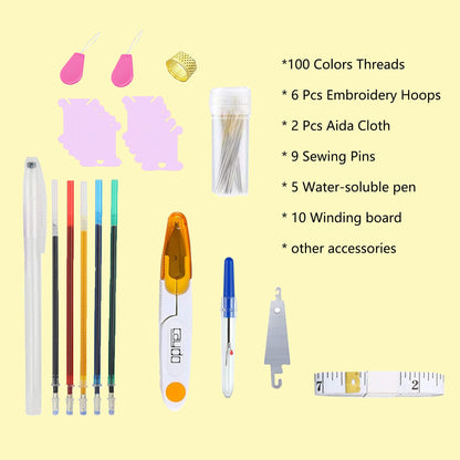 Embroidery Kit 141 Pcs,100 Colors Threads,6 Pcs Embroidery Hoops,2 Pcs Aida Cloth,9 Sewing Pins,Cross Stitch Tools and Embroidery Starter Kit for Adults and Kids Beginners