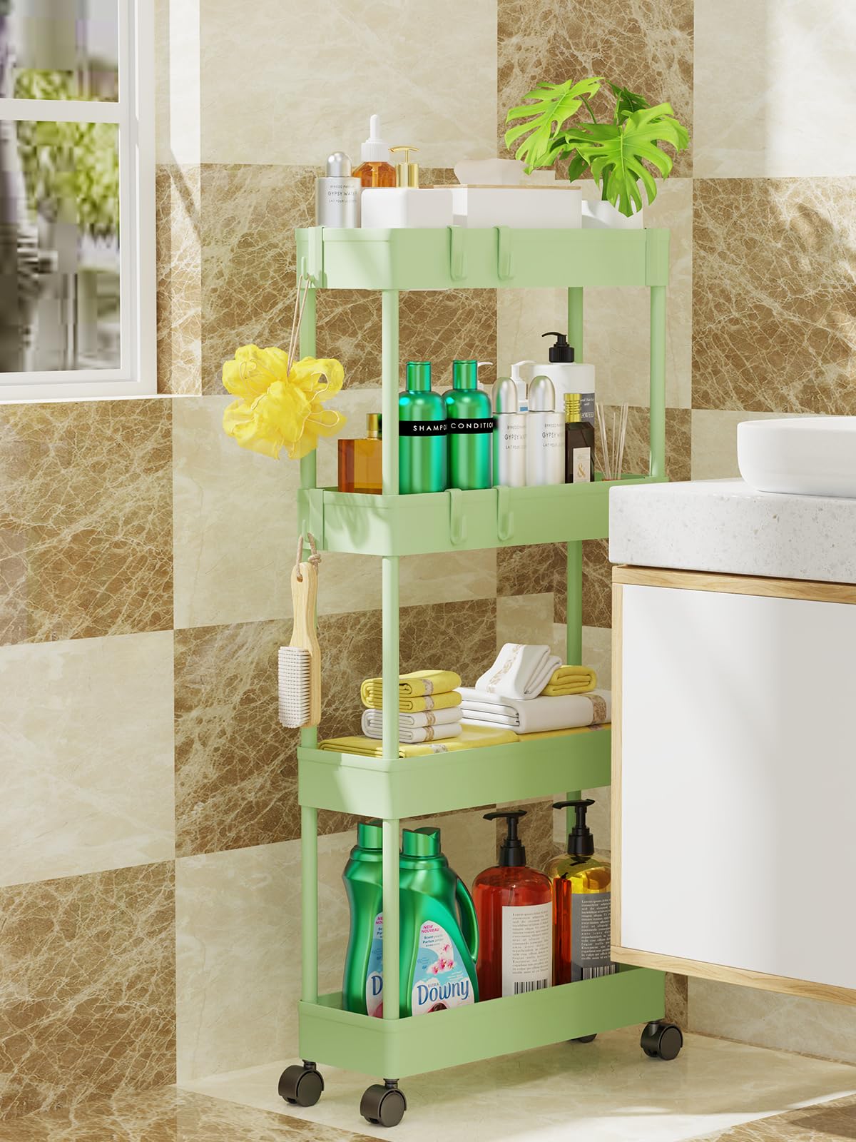 5.1" Slim Storage Cart - 4 Tiers Bathroom Organizer Mobile Shelving Unit Storage Rolling Utility Cart Slide Out Organizer for Kitchen Bathroom Laundry Narrow Places, Green