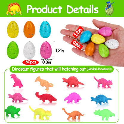 60PCS Small Hatching Dinosaur Eggs for Dinosaur Party Favors Birthday Goodie Treat Bag Stuffers Classroom Carnival Prizes Box Toys Bulk Pinata Fillers Novelty Grow in Water Dino Eggs with Toys Inside