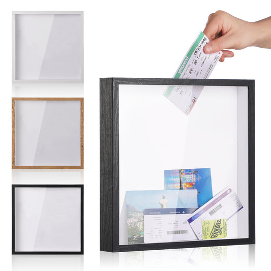 Travel Adventure Challenge Archive Shadow Box Picture Frame with Slot,8x8In Travel Ticket Card Memory Box for Keepsake Box, Top Loading Shadow Box Display Case Travel Decor Gift (Black,8x8)