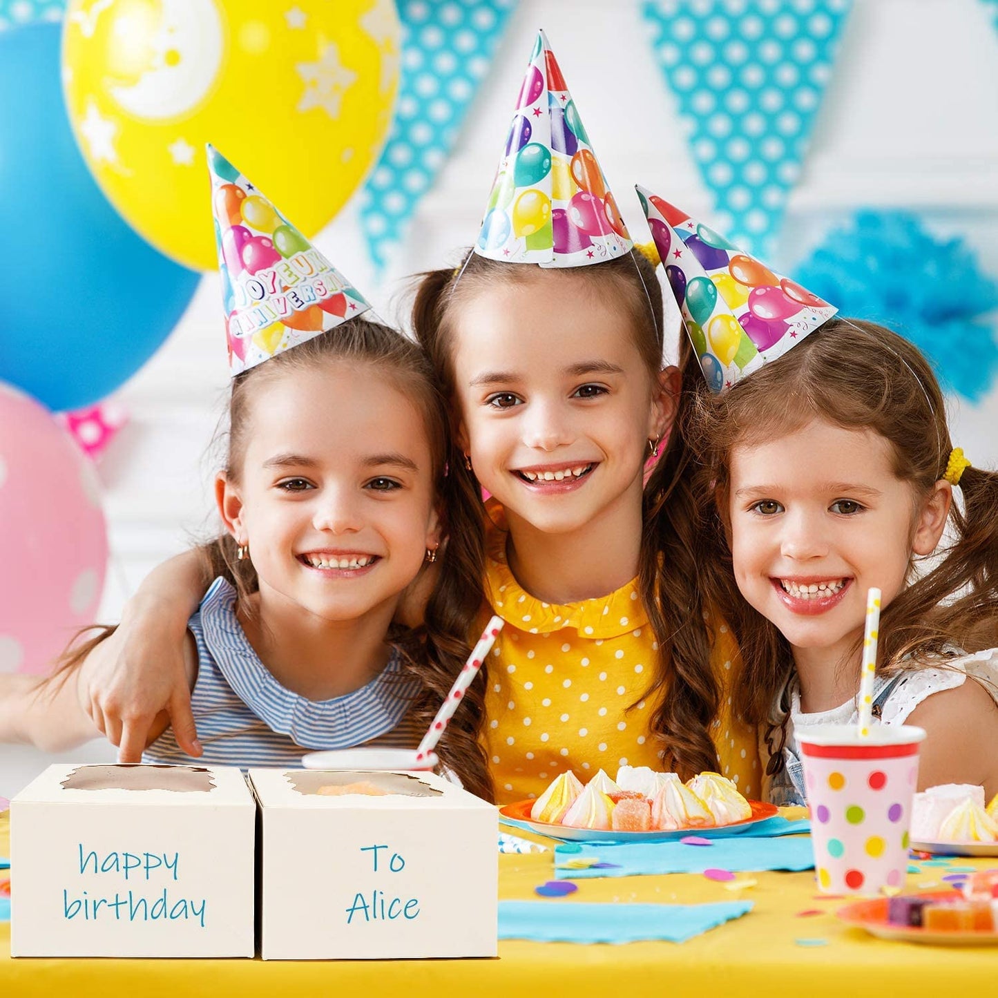 50pcs White Cookie Boxes with Window, 4x4x2.5 Inches Bakery Boxes with 5pcs Stickers for Small Cookies, Treats, Desserts, Chocolate Covered Strawberries, Mini Cake