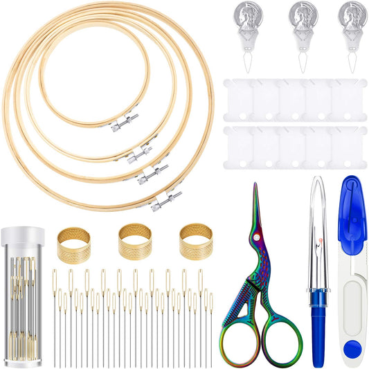 53 Pieces Cross Stitch Tool Embroidery Starter Kit Includes Bamboo Circle Cross Stitch Hoop Ring Sewing Scissors Needle Threading Tools Thimbles Floss Bobbins Seam Ripper and Embroidery(Blue)