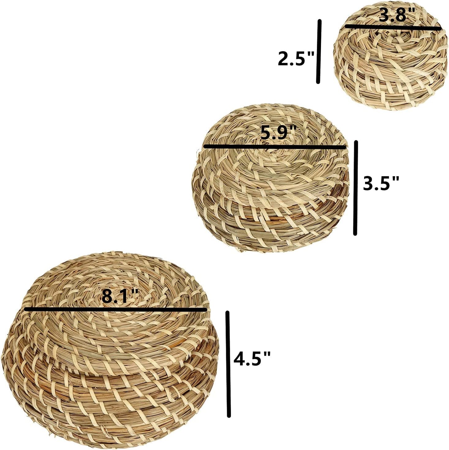 Set of 3 Small Wicker Basket with Lid, Round Woven Seagrass Baskets, Little Handmade Rattan Storage Basket Box for Shelf, Home, Bathroom Decor