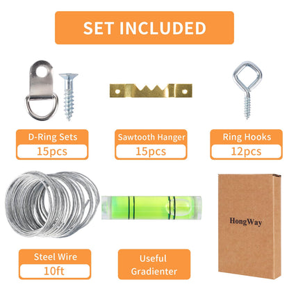 276pcs Picture Hanging Kit, Picture Hangers, Heavy Duty Frame Hooks Assortmentwith Nails, Hanging Wire, Screw Eyes, D Ring and Sawtooth Hardware for Frames Mounting