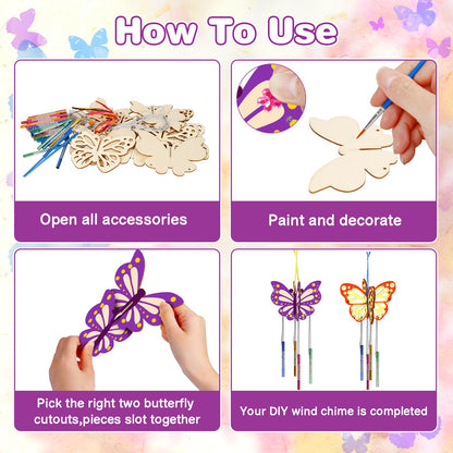 8 Pack 3D Butterfly Wind Chime Kit for Kids Make Your Own Butterfly Wind Chime Wooden Arts and Crafts for Kids DIY to Paint Butterfly Craft for Summer Spring Art Activity Birthday Party