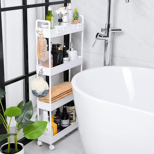 Slim Rolling Storage Cart with Wheels, 4 Tier Organizer, Rolling Utility Cart for Kitchen, Bathroom, Laundry Room, Office, Narrow Place (White)