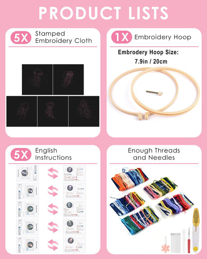Embroidery Kit for Adults, 5 Sets Jellyfish Embroidery Kit for Beginners Include Embroidery Cloth Hoops Threads for Craft Lover Hand Stitch with Embroidery Skill Techniques