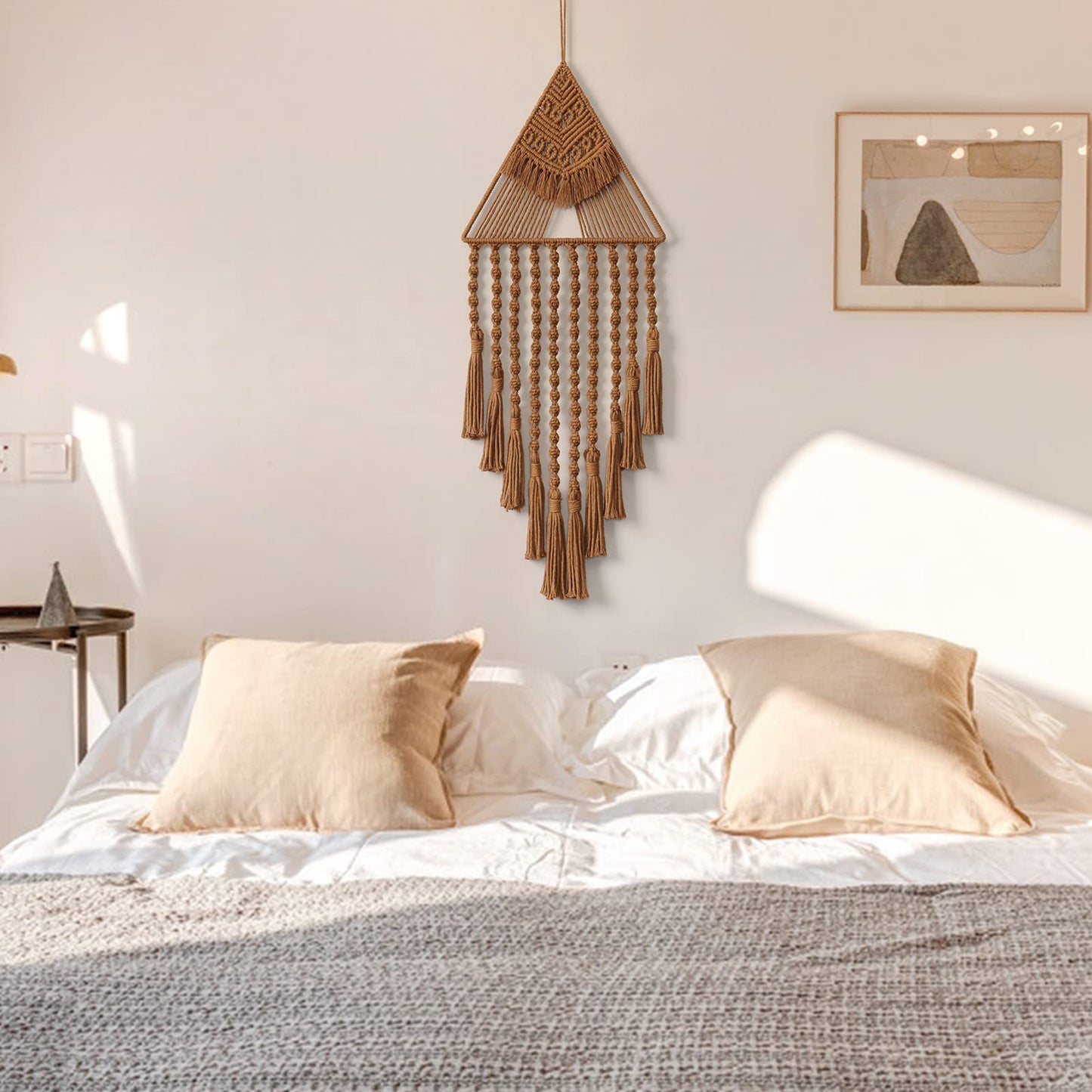 Macrame Woven Wall Hanging Dream Catcher Triangle Tassel Geometric Art Boho Backdrop Bohemian Home Decor Wall Art Beautiful Apartment Dorm Room Door Decoration(Brown)