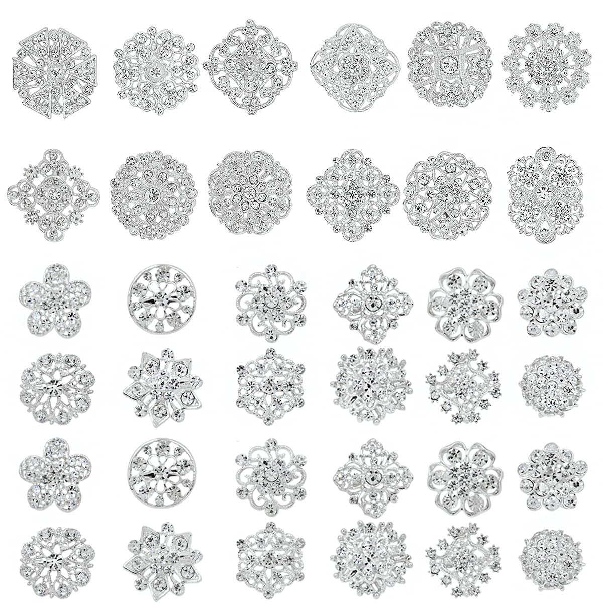 36 Pieces Crystal Rhinestone Flower Brooches for DIY Craft Party (Silver 36pcs)