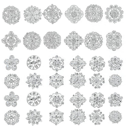 36 Pieces Crystal Rhinestone Flower Brooches for DIY Craft Party (Silver 36pcs)
