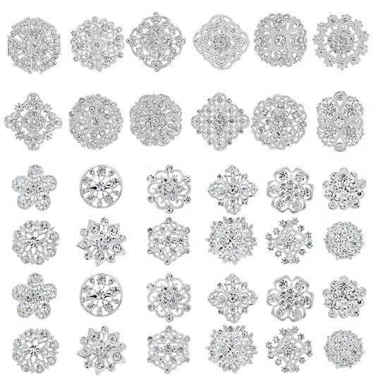 36 Pieces Crystal Rhinestone Flower Brooches for DIY Craft Party (Silver 36pcs)