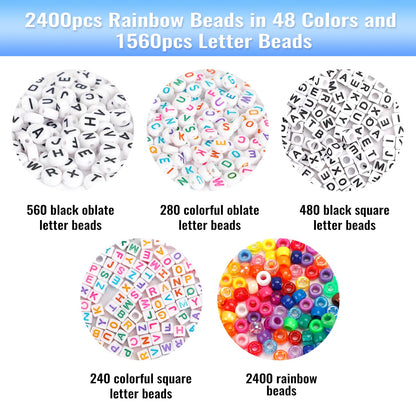 3960pcs Pony Beads for Friendship Bracelet Making Kit 48 Colors Kandi Beads Set, 2400pcs Plastic Rainbow Bulk and 1560pcs Letter Beads with 20 Meter Elastic Threads for Craft Jewelry Necklace