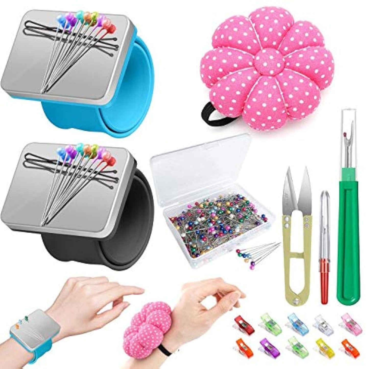 Sewing Kit - 216 Pcs, 2 Magnetic Wrist Pincushions, 200 Straight Pins, 10 Clips, 2 Seam Rippers, 1 Scissor