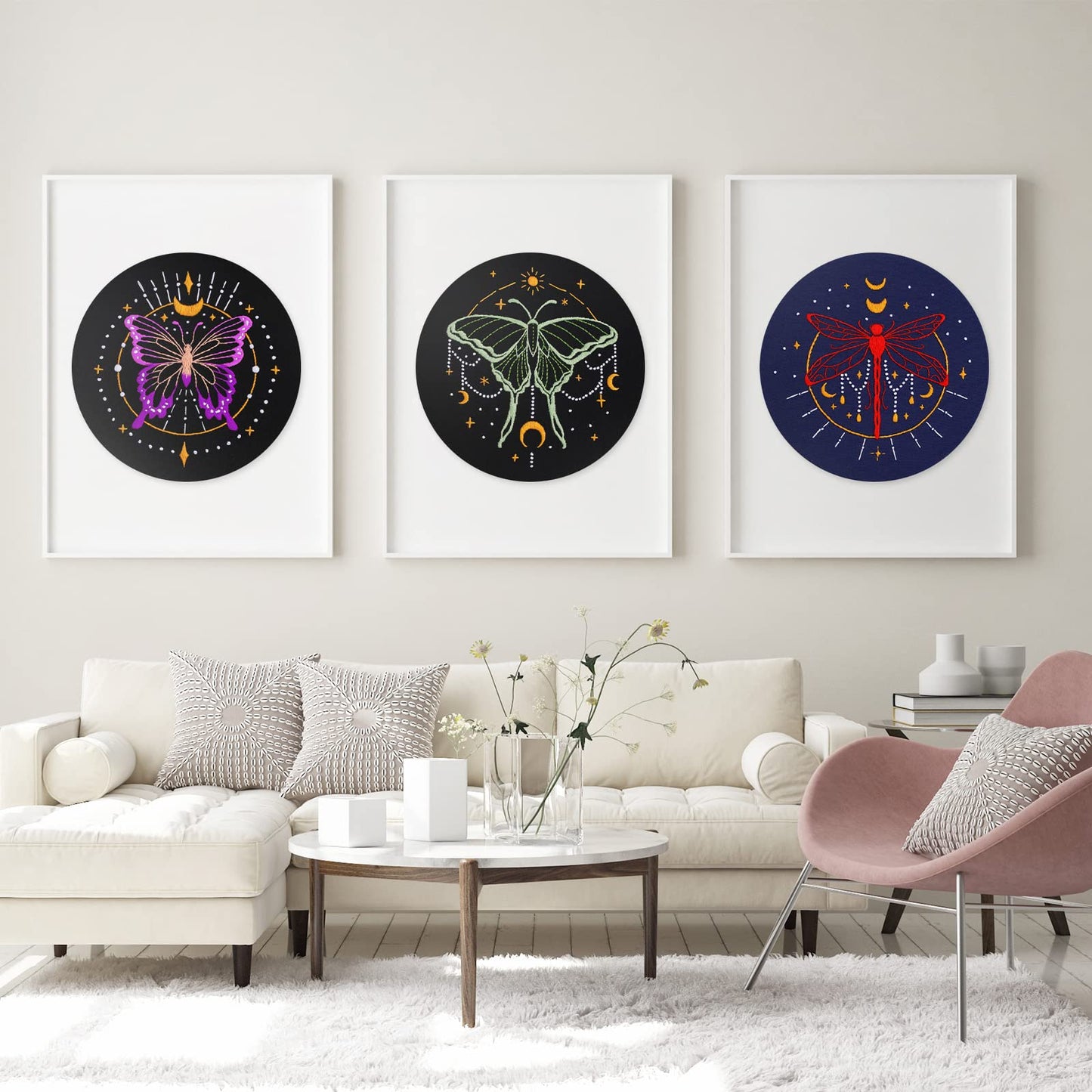 3 Set Tarot Embroidery Kits for Beginners with Moon Butterfly Dragonfly and Moth Pattern,Adults Starter Cross Stitch Kit DIY Needlepoint