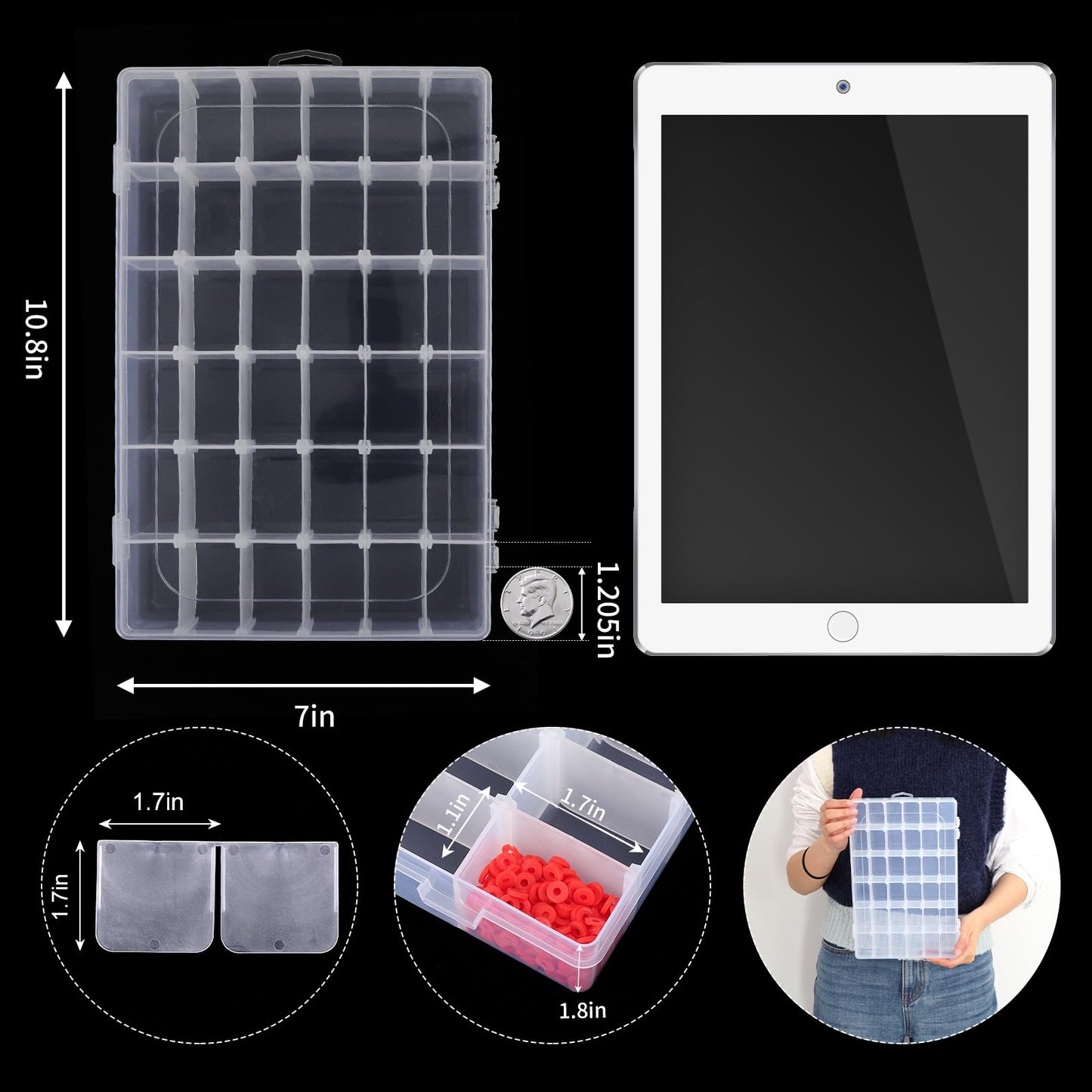 2 Pack 36 Grids Clear Plastic Bead Organizer Box, Fishing Tackle Box Compartment Organizer with Adjustable Dividers for Jewelry, Art Craft, Bead Storage Containers with 5 Sheets Label Stickers