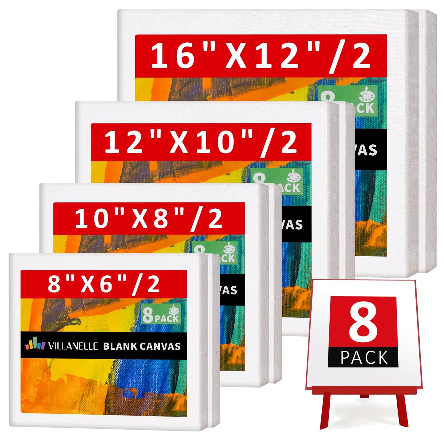 6x8, 8x10, 10x12, 12x16, 8 Set Artist Canvase Frame Board Panels, 100% Cotton Blank Canvase Oil Acrylic Watercolor Pouring Paint, Acid-Free for Kids & Artists