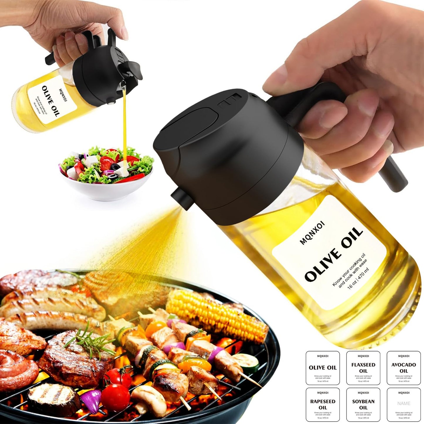 2 in 1 Glass Oil Sprayer & Dispenser,16oz/470ml Olive Cooking, Air Fryer, and Salad, for Kitchen Gadgets and Air Fryer Accessories, w/Stickers (Black)