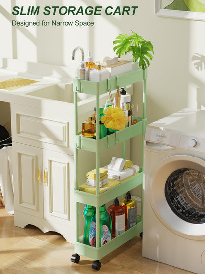 5.1" Slim Storage Cart - 4 Tiers Bathroom Organizer Mobile Shelving Unit Storage Rolling Utility Cart Slide Out Organizer for Kitchen Bathroom Laundry Narrow Places, Green
