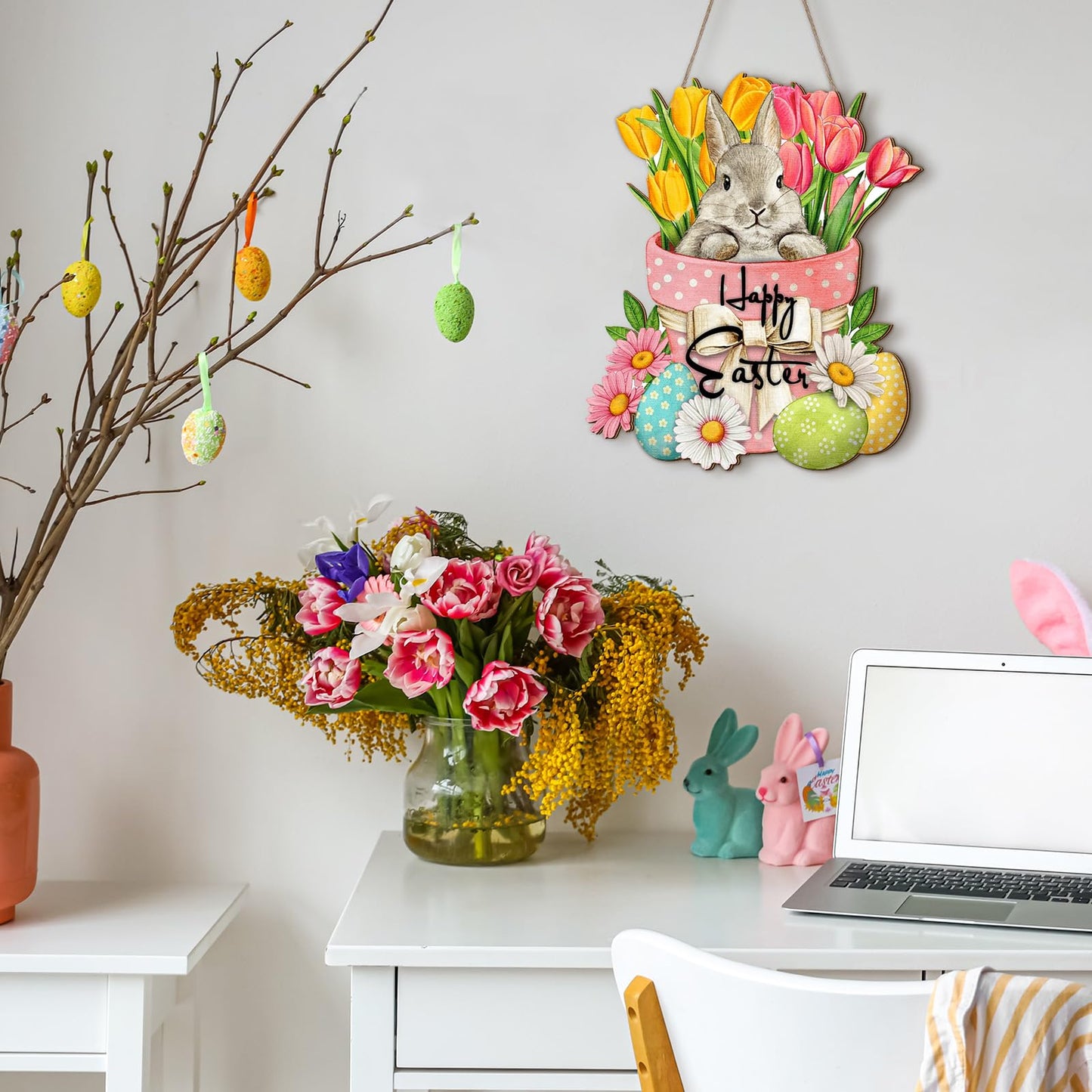 Happy Easter Hanging Sign for Front Door Wooden Easter Decoration for Home Indoor Outdoor Wall(Cute Rabbit)