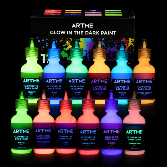 Glow in The Dark Paint, Glow Paint Set of 12 Bright Colors 30ml/1oz, Long Lasting Glow Fluorescent Perfect for Art Painting, DIY projects, Easter, Halloween, and Christmas Decorations