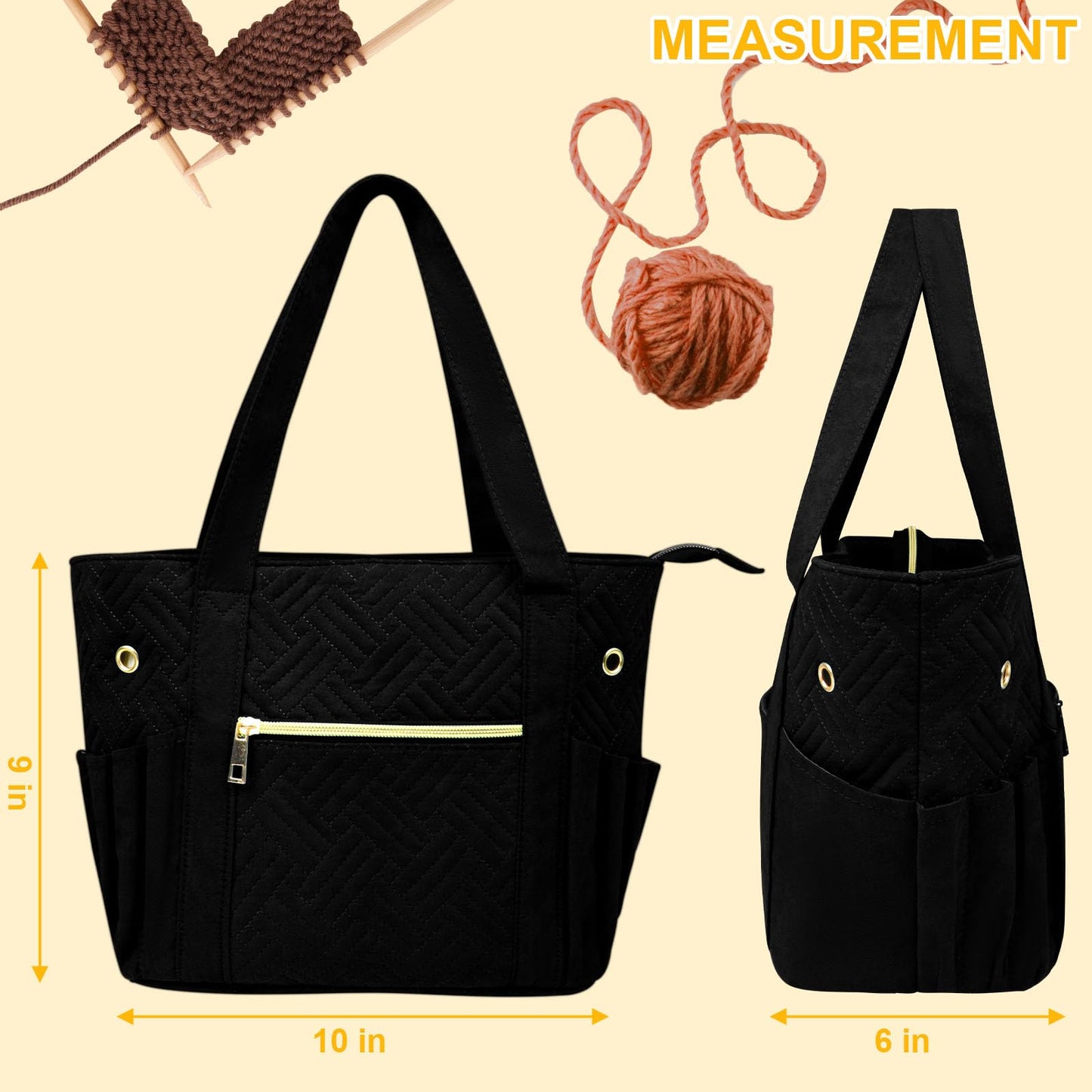 Crochet Bag Organizer for Yarn Storage, Velvet Knitting Tote Bag with Double Handle for Crochet Accessories, Portable Travel Case for Yarn Balls, Crochet Hooks& Knitting Needles Holder (Black)