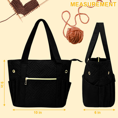 Crochet Bag Organizer for Yarn Storage, Velvet Knitting Tote Bag with Double Handle for Crochet Accessories, Portable Travel Case for Yarn Balls, Crochet Hooks& Knitting Needles Holder (Black)