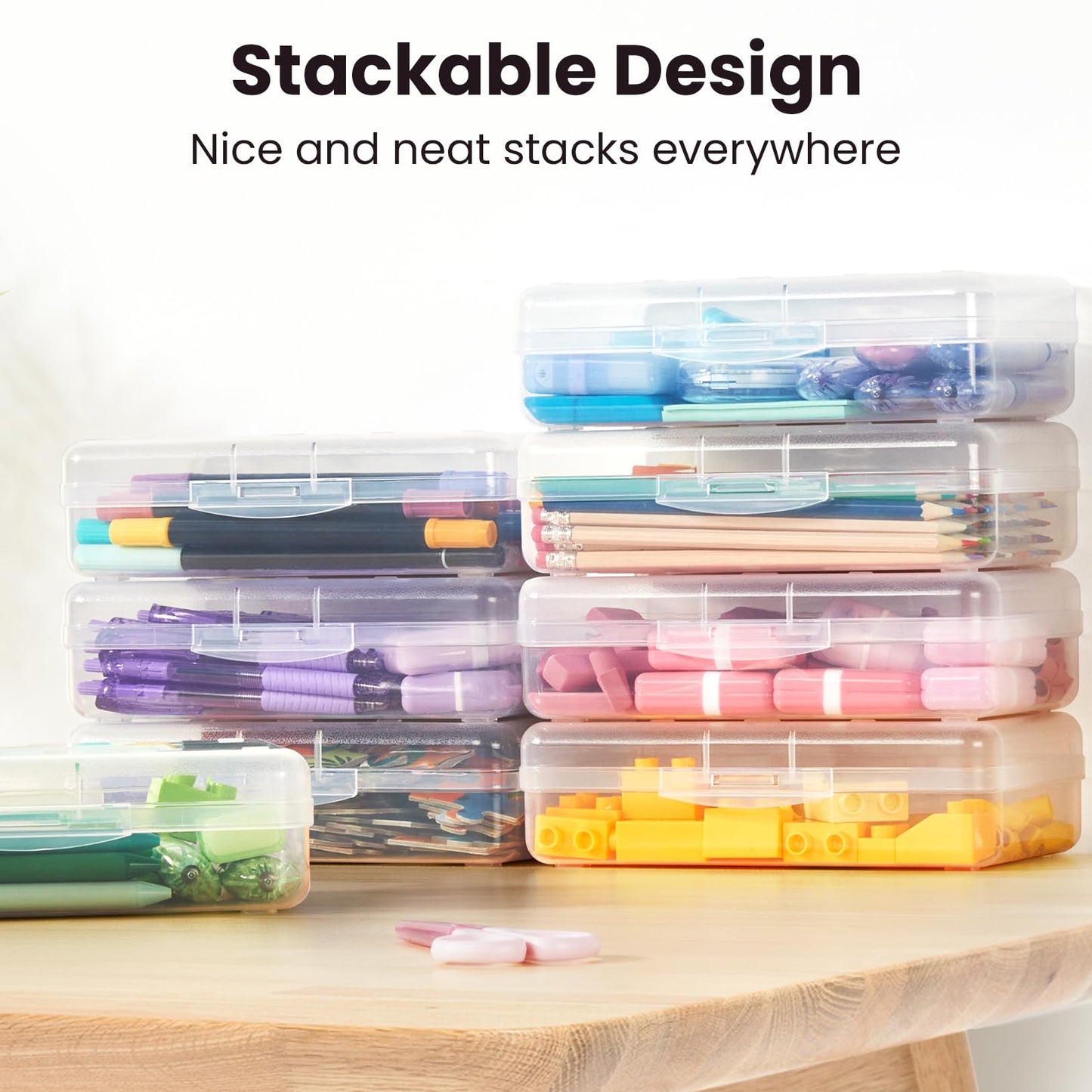 Plastic Pencil Case Box 6 Pack, Large Crayon Maker Pen Organizer, Plastic Containers with Snap Lids, Stackable Craft Storage Boxes Bulk, School Supplies Art Box for Bead, Clear
