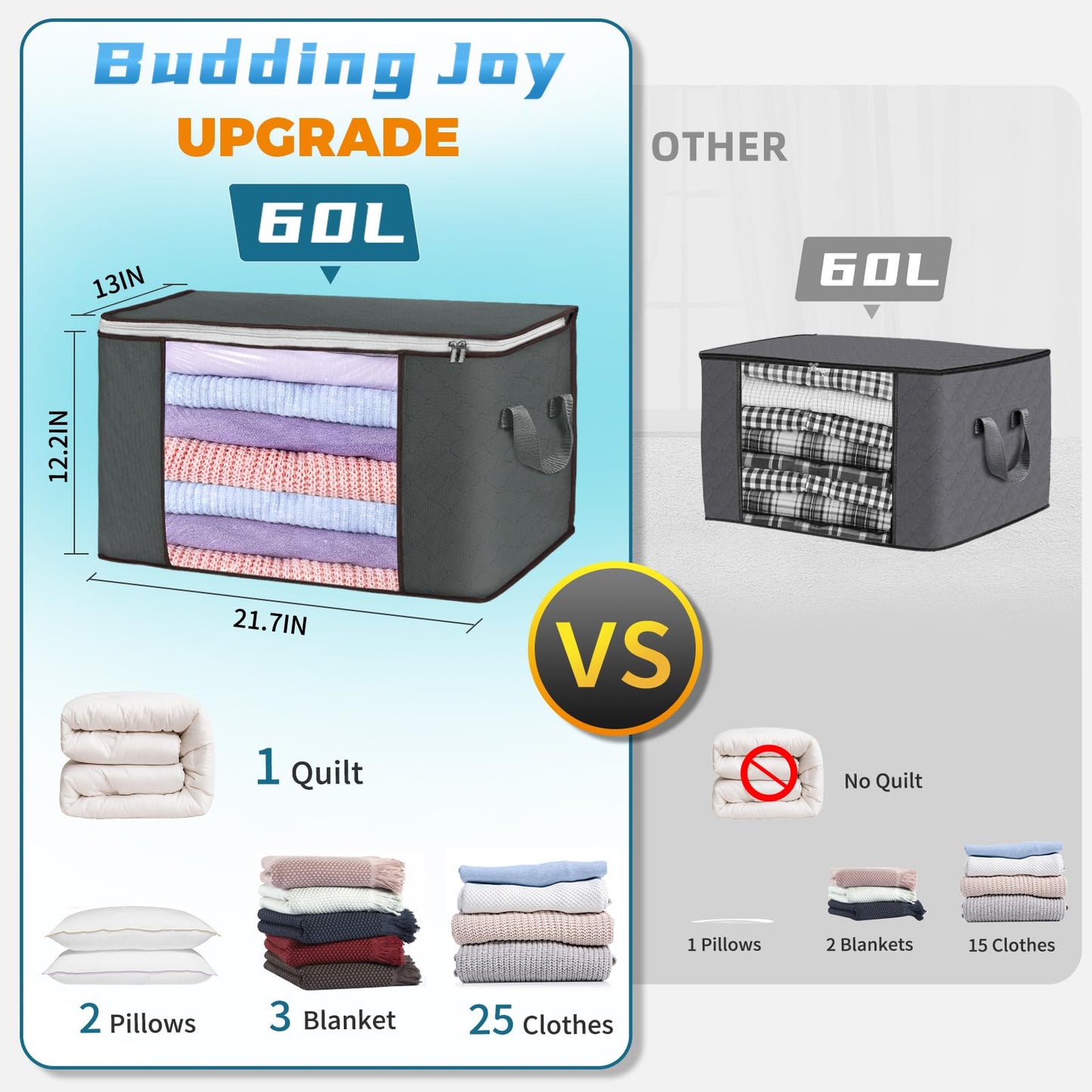 Clothes Storage, Foldable Large Blanket Storage Bags with Zippers, Storage and Organization for Clothing, Comforter, Bedding, Toys, Closet Organizers with Enhanced Handle, 60L 6 Pack Gray