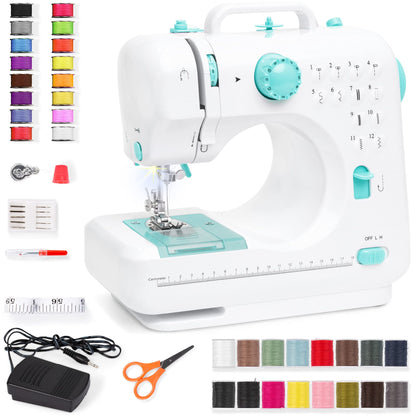 Compact Sewing Machine, 42-Piece Beginners Kit, Multifunctional Portable 6V Beginner Sewing Machine w/ 12 Stitch Patterns, Light, Foot Pedal, Storage Drawer - Teal/White