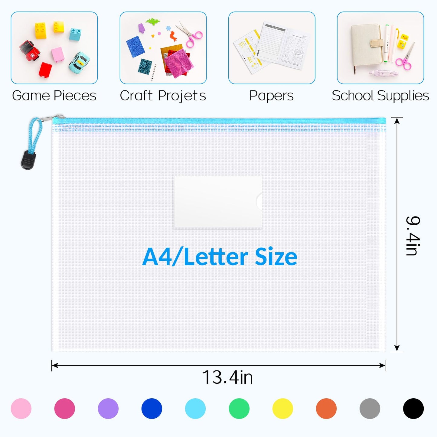 20 Pack Mesh Zipper Pouch Bags, A4 Letter Size, Zipper Bags with Label Pocket, Waterproof Zipper Pouches for Classroom Organization, Board Game Storage, Document Bag for Office School Supplies