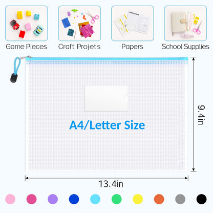 20 Pack Mesh Zipper Pouch Bags, A4 Letter Size, Zipper Bags with Label Pocket, Waterproof Zipper Pouches for Classroom Organization, Board Game Storage, Document Bag for Office School Supplies
