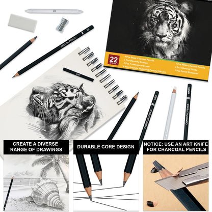 Pencils for Drawing, Set of 22, Professional Drawing Sketch Pencils, Art Supplies for Sketching, Shading, Artist Charcoal Supplies for Beginners & Pro Artists.