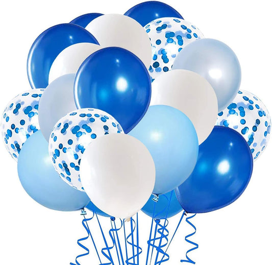 Royal Blue Confetti Latex Balloons, 50pcs 12 inch Light Blue Baby Blue and White Party Balloons for Birthday Wedding Party Decoration
