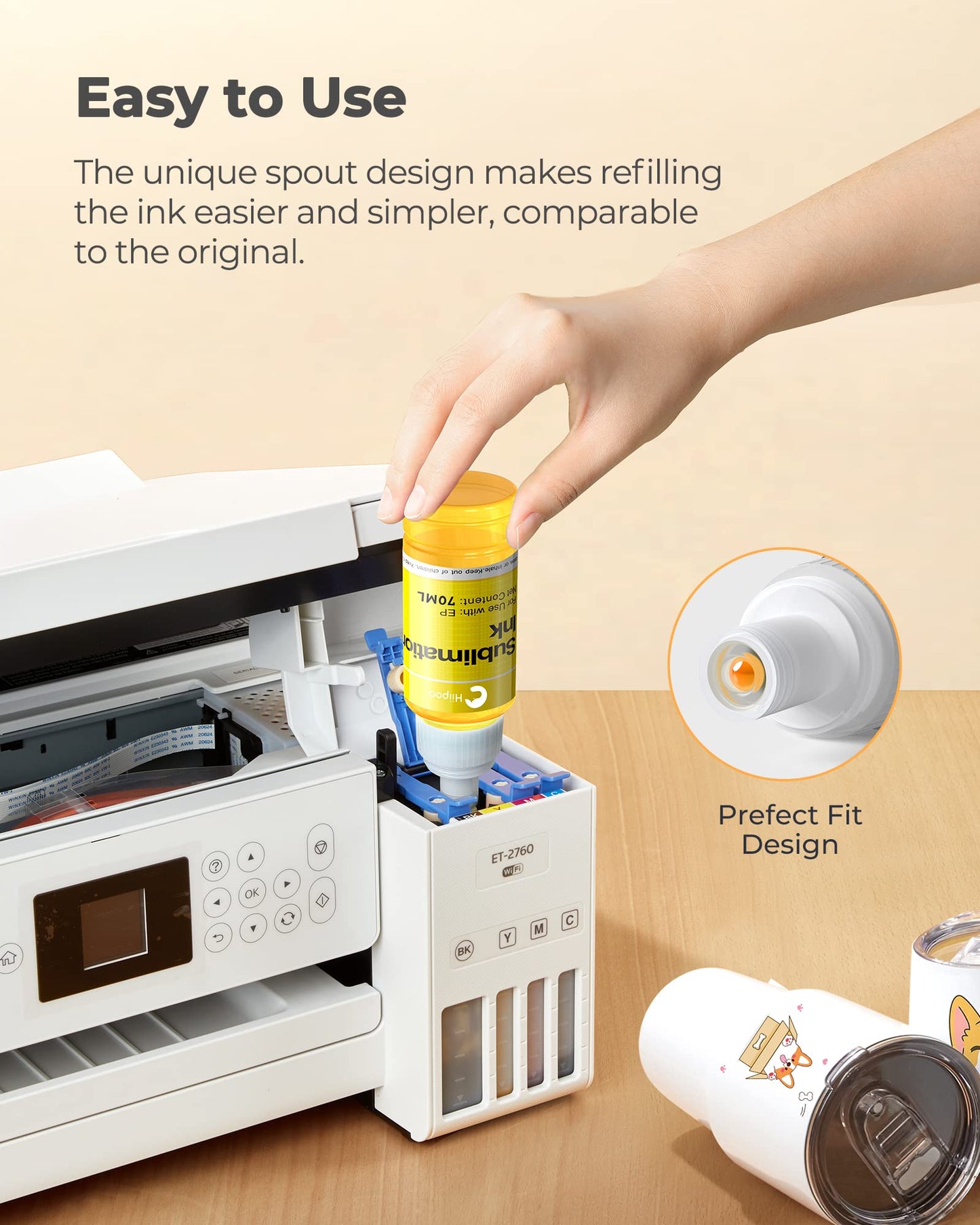 Sublimation Ink Refilled Bottles Compatible for ET2400 ET2720 ET2760 ET2750 ET4800 ET-2800 ET-2803 ET-2850 Inkjet Printers Heat Press Transfer on Mugs T-Shirts