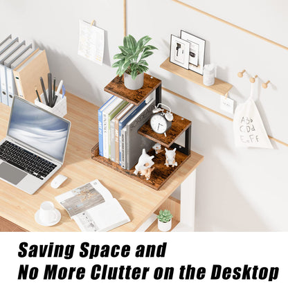 Wood Desktop Shelf - Freestanding Small Bookshelf Desk Hutch Supplies Organizers, 3 Tier Storage Display Display Rack Office Decor, Stand Shelves with Metal Frame for Books/Plants/Toys